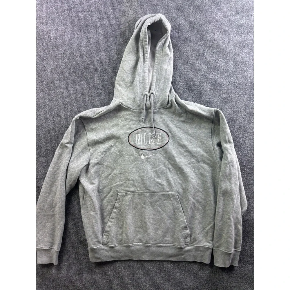 Nike Hoodie Mens Small Gray‎ Embroidered Oval Logo Pullover Fleece Sweatshirt